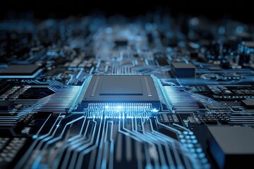 Innovative information technology concept showcasing a microchip surrounded by intricate circuitry and glowing connections