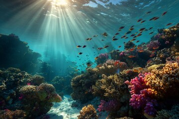 Naklejka premium Vibrant coral reef ecosystem with swimming fish under shimmering sun rays in clear turquoise ocean water