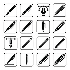 Diverse pen and writing tool icons for digital design and creativity projects