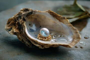 Natural pearl nestled inside an oyster shell surrounded by glistening water droplets and decorative gems