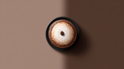 Cappuccino with coffee bean on foam in black cup on brown background