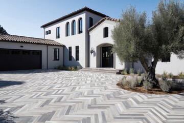 Fototapeta premium This contemporary villa boasts a breathtaking herringbone driveway, elegantly framed by lush greenery and a vibrant blue sky overhead
