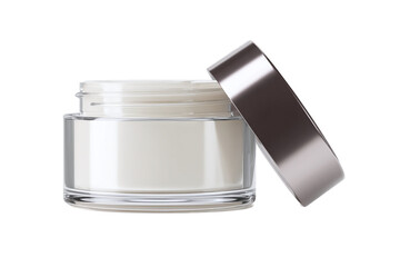 Cosmetic cream glass jar with open metallic lid, isolated on white transparent background