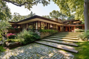 Fototapeta premium Stunning architectural design of a modern house surrounded by lush greenery, showcasing elegant landscaping and unique structure in broad daylight