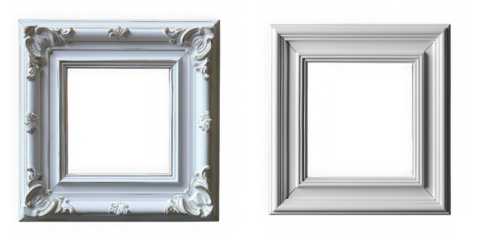 Two ornate and simple square picture frames, isolated on transparent background