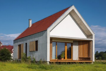 Fototapeta premium Modern house with a unique design surrounded by a green landscape during a sunny day in a quiet neighborhood showcasing clean architectural lines