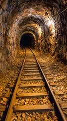Dark, winding underground tunnel with railway tracks leading into the unknown, illuminated by soft lights