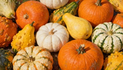  Close-up of colorful pumpkins and gourds in a textured autumn display.