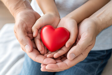 Fototapeta premium Hands holding red heart, symbolizing healthcare, hop, organ donation, and famiy wellbeing