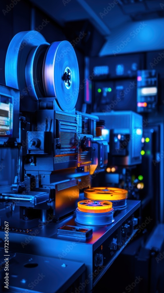 Poster high-tech machinery in a darkened room processing materials with glowing elements in the foreground