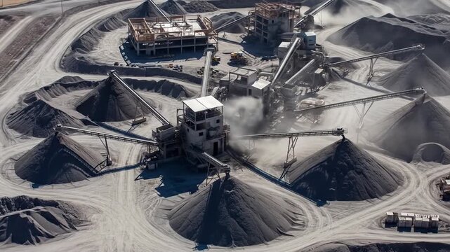 Aerial View of Industrial Quarry with Mining Equipment and Piles of Gray Material Under Bright Sunlight