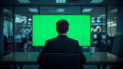 Businessman in Front of Green Screen for Stock Trading Office Concept