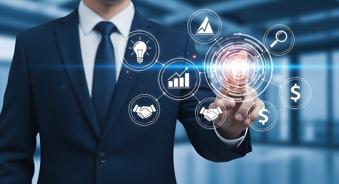Businessman in suit interacting with digital interface featuring business related icons and glowing orb - Powered by Adobe
