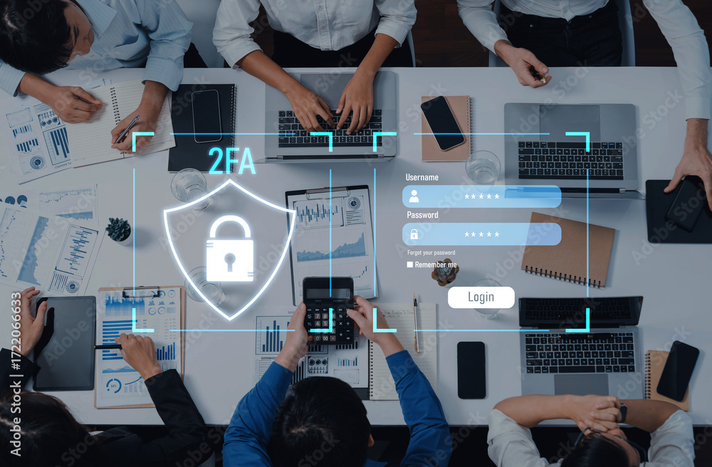 Poster a modern office scene depicting secure online login with two-factor authentication. team members eng