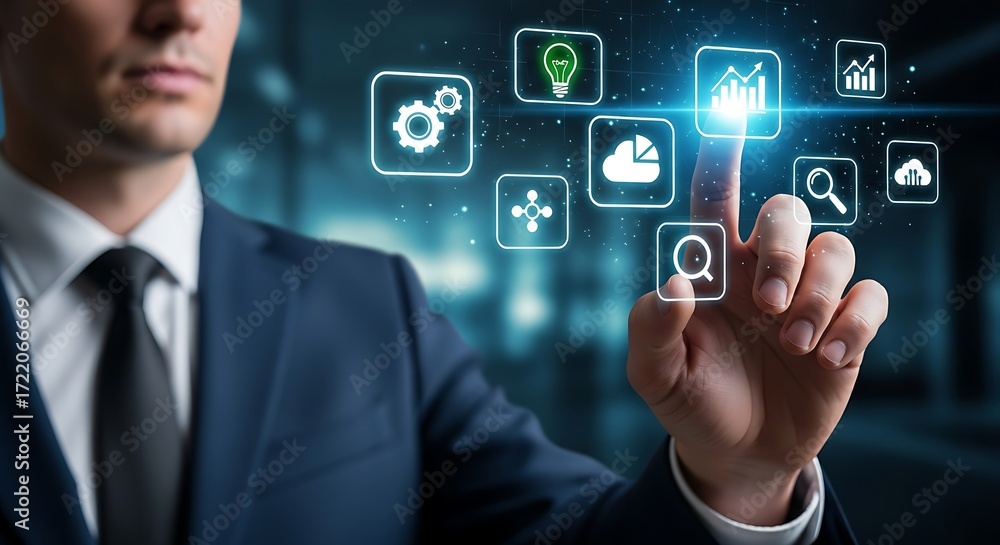 Poster businessman touching virtual interface with glowing icons in a digital environment showing data