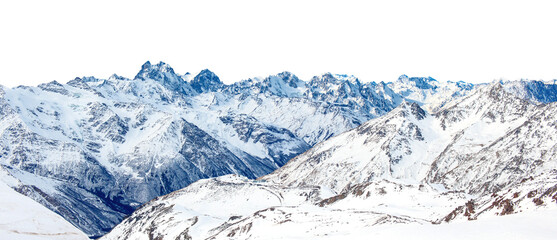 Mountains range with peaks in snow, winter mountains panorama in PNG isolated on transparent background