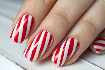 Fototapeta premium A close-up of a woman's hand showcasing red and white striped nails against a neutral background.