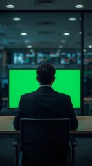 Businessman in Front of Green Screen for Stock Trading Office Concept