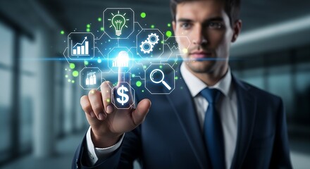 Obraz premium Businessman interacting with digital interface showing business and technology icons