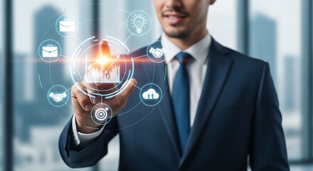Man in suit interacting with digital interface showing icons and data visualizations in front of window