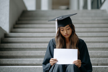 Graduate reflecting on future plans while seated on stairs in a modern building