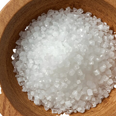 Sea Salt Crystals in Wooden Bowl: Close-up view of coarse sea salt crystals, resting within a rustic wooden bowl, exuding a sense of natural, simple beauty and inviting culinary applications.