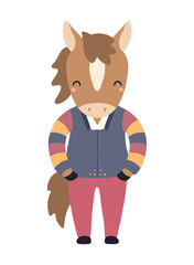 Cute horse boy in traditional Korean clothes hanbok character isolated. Hand drawn cartoon vector illustration. Flat design. Seollal holiday card, poster, banner element