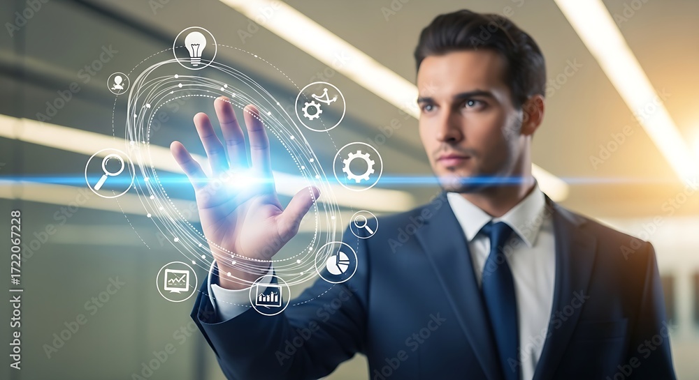 Poster businessman interacting with digital interface displaying various business related icons and light f