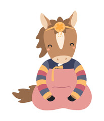 Cute horse girl in traditional Korean clothes hanbok character isolated. Hand drawn cartoon vector illustration. Flat design. Seollal holiday card, poster, banner element