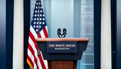 White House podium with microphones and U.S. flag in formal setting.