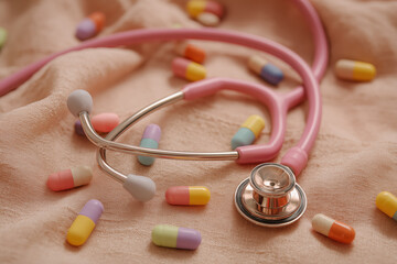 Stethoscope and colorful pills arranged on a soft surface, depicting healthcare equipment and medication