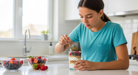 Focused young woman enjoying a wholesome, homemade berry and yogurt parfait, embodying a commitment to healthy eating and a vibrant morning routine in her contemporary kitchen