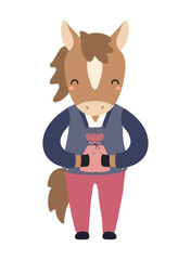 Cute horse boy in hanbok, holding traditional Korean gift character isolated. Hand drawn cartoon vector illustration. Flat design. Seollal holiday card, poster, banner element