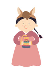 Cute girl in horse hat, holding traditional Korean gift character isolated. Hand drawn cartoon vector illustration. Flat design. Seollal holiday card, poster, banner element