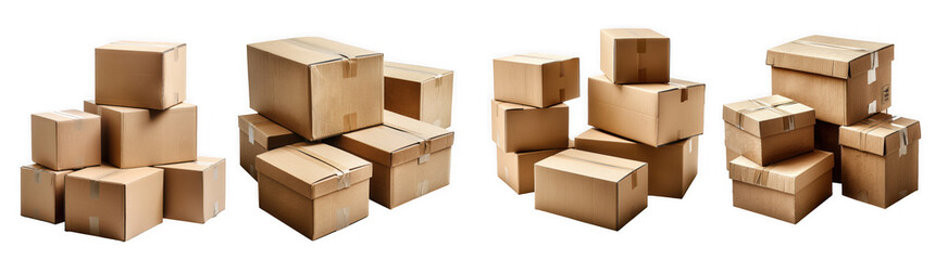 A collection of stacked cardboard boxes of various sizes isolated on a transparent background, suggesting shipping or storage