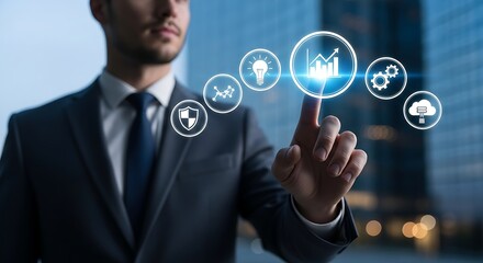 Businessman touching digital interface with business icons and modern city background view