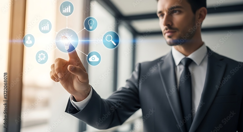 Poster businessman interacting with digital interface displaying business related icons and information