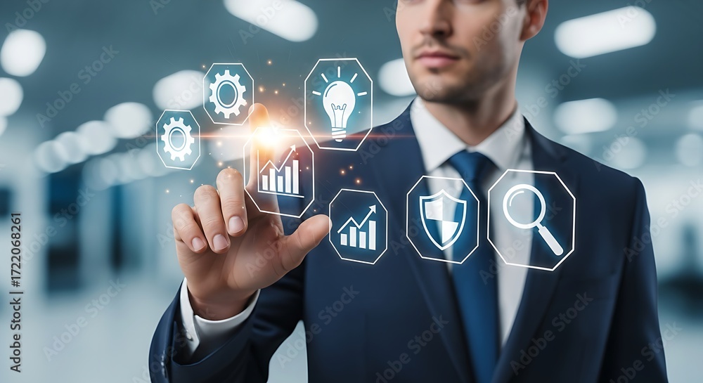 Aufkleber businessman interacting with digital interface displaying business related icons in a modern setting