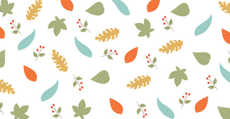 Pattern of various leaves on a white background - Vector illustration