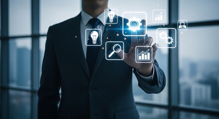 Businessman interacting with digital icons in front of a city skyline through a glass window