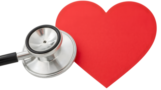 Heart health and care concept: A symbolic representation of cardiovascular well-being, featuring a classic stethoscope positioned beside a bold, red heart shape, symbolizing health.