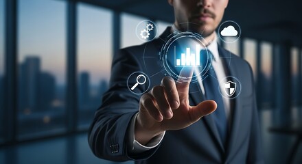 Businessman interacting with digital interface showing data analysis in a modern office space