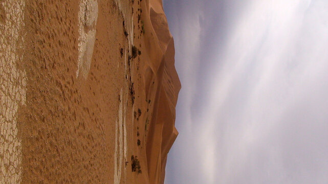 Paisaje des&eacute;rtico con dunas elevadas al fondo y suelo agrietado en primer plano, mostrando texturas secas y tonos claros bajo un cielo parcialmente nublado.