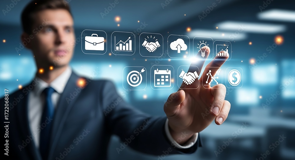 Poster businessman interacting with virtual business icons on a digital interface display screen panel