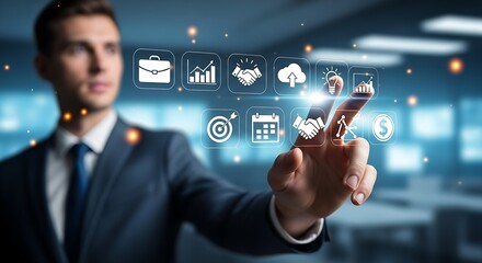 Businessman interacting with virtual business icons on a digital interface display screen panel