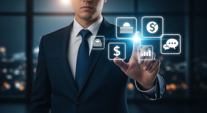 Businessman interacting with digital interface featuring financial and communication icons