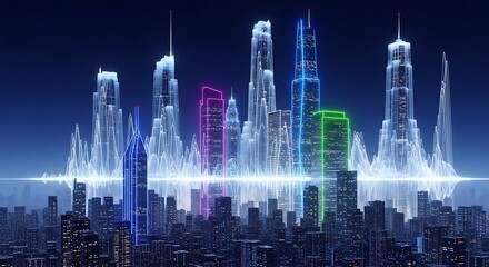 Futuristic city skyline with digital equalizer effect and illuminated skyscrapers at night