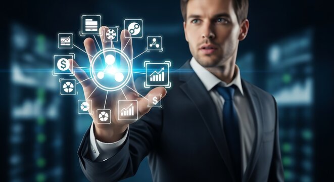 Man in suit interacting with digital interface featuring business and financial icons overlayed