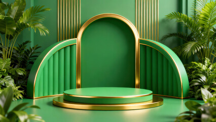 Elegant Green Stage with Golden Accents and Plant