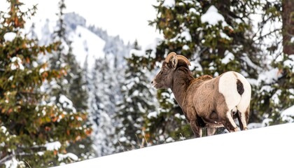 Mountain ram in snowy landscape